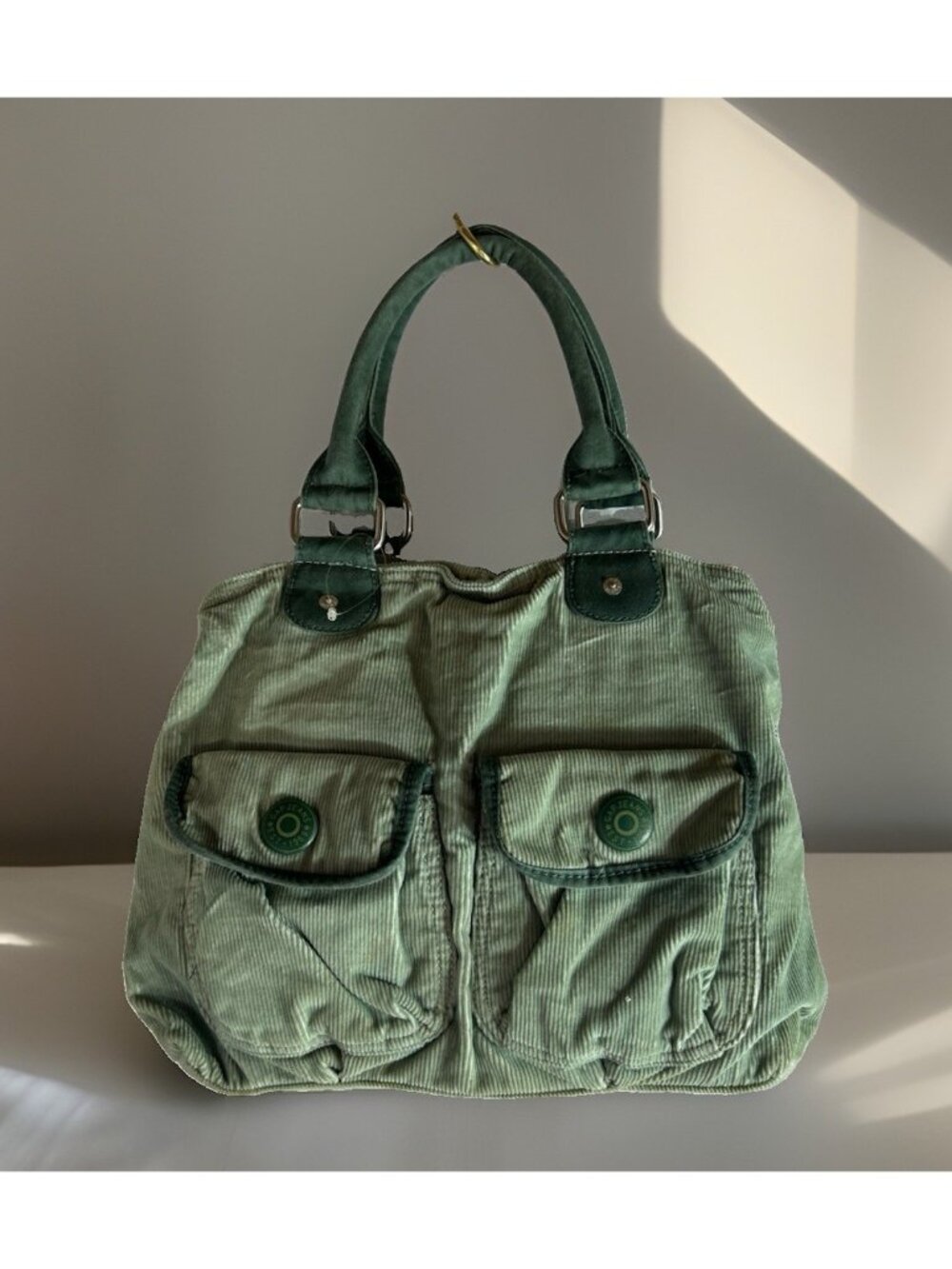 Vintage Gap 2 Tone Green Corduroy Shoulder Bag W/ Front snap pockets Zip Up Read